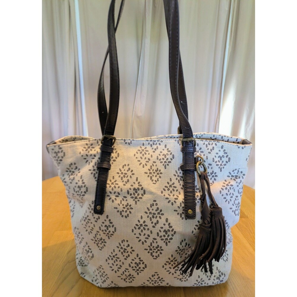 Lucky Brand Luna Natural Cotton Tassel Tote Bag Cream Chocolate Brown Boho